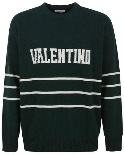 Valentino Logo Intarsia Striped Crewneck Sweater - Grey