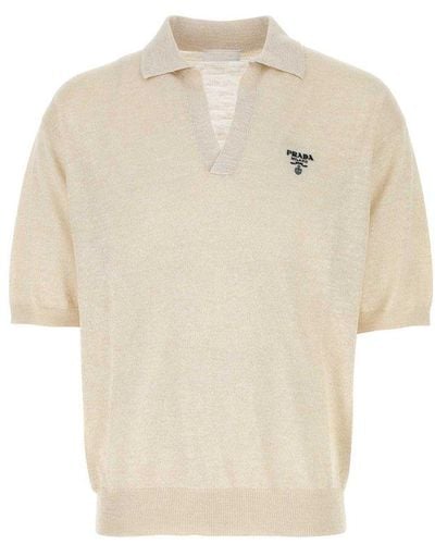 Prada Logo Embroidered Short Sleeved Knitted Polo Shirt - White