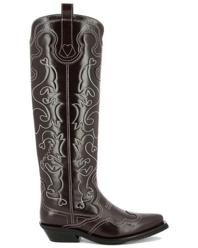 Ganni Embroidered Knee-length Cowboy Boots - Black