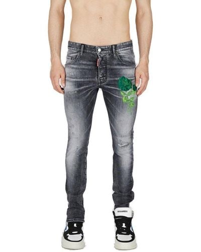 DSquared² Floral Printed Straight-leg Distressed Jeans - Blue