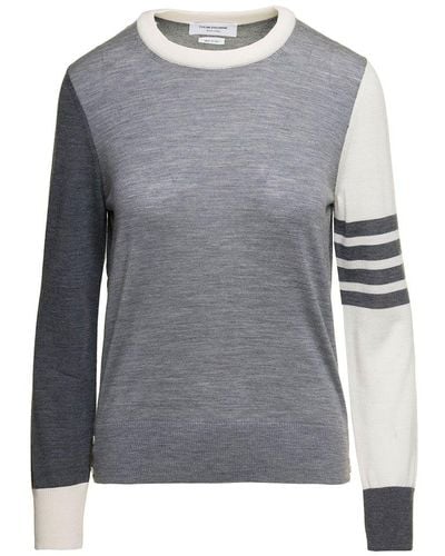 Thom Browne Fun Mix Relaxed Fit Crew Neck Pullover In Fine Merino Wool W/ 4 Bar Stripe - Grey