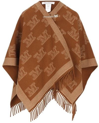 Max Mara All-over Logo Patterned Fringed Cape - Brown