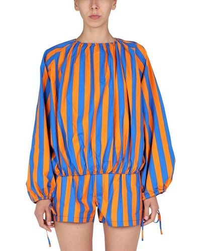 Sunnei Striped Printed Puff-sleeved Blouse - Blue