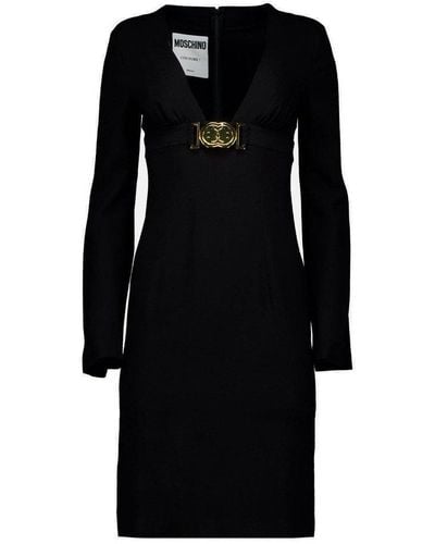 Moschino V-neck Logo Plaque Mini Dress - Black