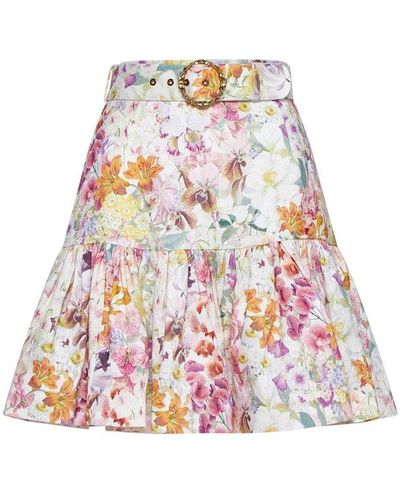 Zimmermann Floral Printed Belted Mini Skirts - White