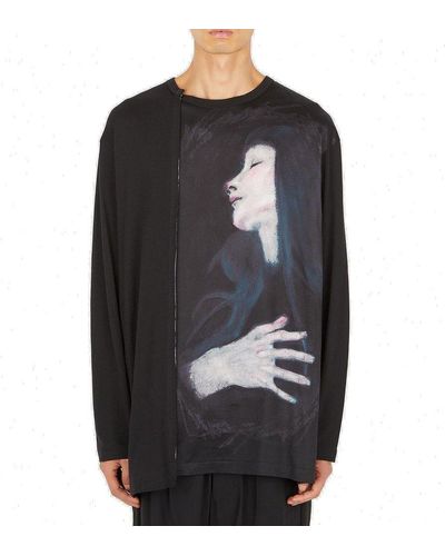 Yohji Yamamoto Graphic Printed Long Sleeved T-shirt - Black
