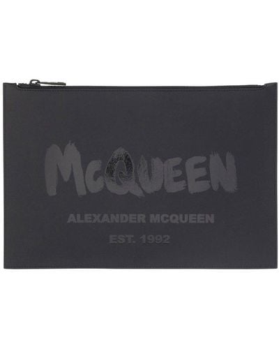 Alexander McQueen Logo Printed Zipped Clutch Bag - Black