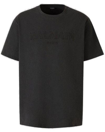 Balmain Logo Embroidered Crewneck T-shirt - Black