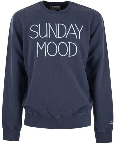 Mc2 Saint Barth Cotton Sweatshirt With Sunday Mood Lettering - Blue