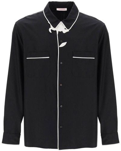 Valentino Flower-appliqué Straight Hem Pyjama Shirt - Black