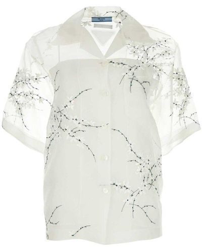 Prada Floral-embroidered Drop Shoulder Sheer Shirt - White
