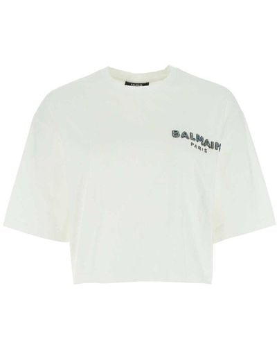 Balmain Logo Printed Cropped T-shirt - White