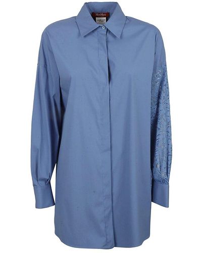 Max Mara Studio Lace Detailed Long-sleeved Shirt - Blue