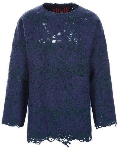 VITELLI Distressed-effect Crewneck Knitted Sweater - Blue