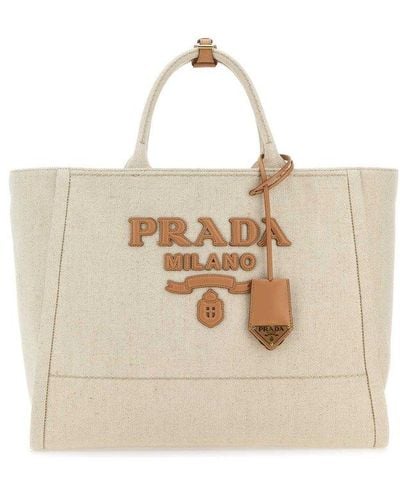 Prada Logo-appliqué Large Top Handle Bag - Natural