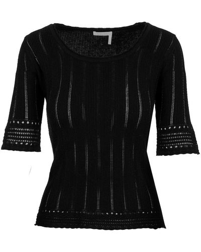 See By Chloé Pointelle-knitted Scoop-neck Sweater - Black