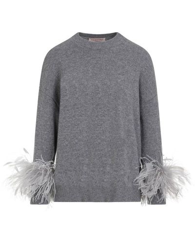 Valentino Feather-trim Crewneck Sweater - Gray