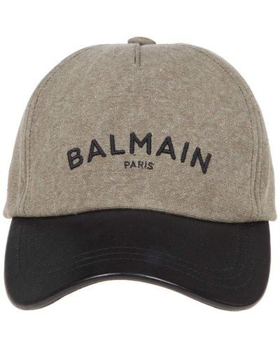 Balmain Cotton And Leather Hat With Embroidered Logo - Grey