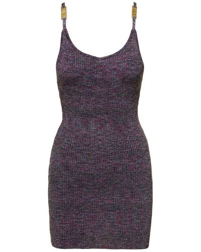 Gcds Mini Ribbed Dress With Logo Clip Detail On Spagetti Straps In Viscose Blend Woman - Purple