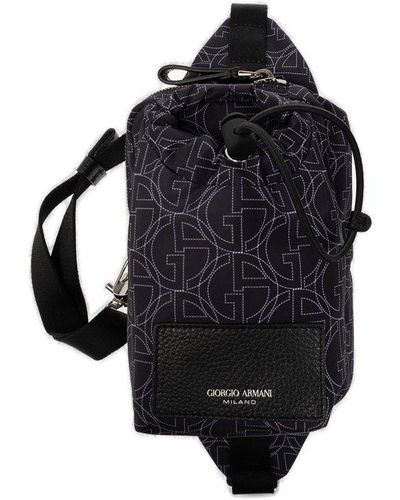 Giorgio Armani Monogram Printed Zipped Backpack - Black