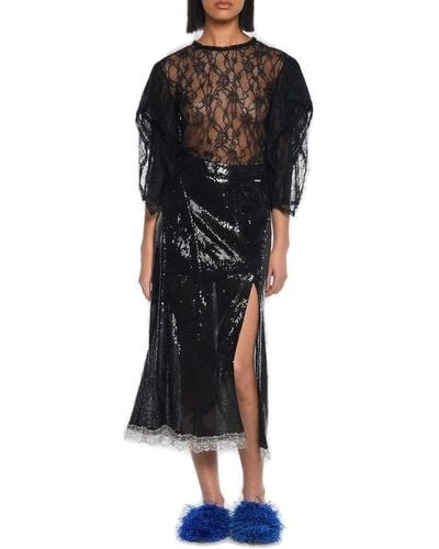 Koche Sequin Overlay Front Slit Skirt - Black