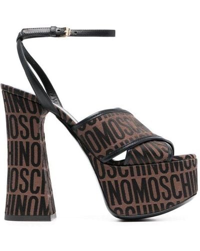 Moschino High Block Heel Logo Printed Platform Sandals - Black