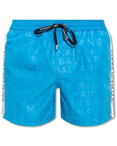 Balmain Logo Patterned Drawstring Swim Shorts - Blue