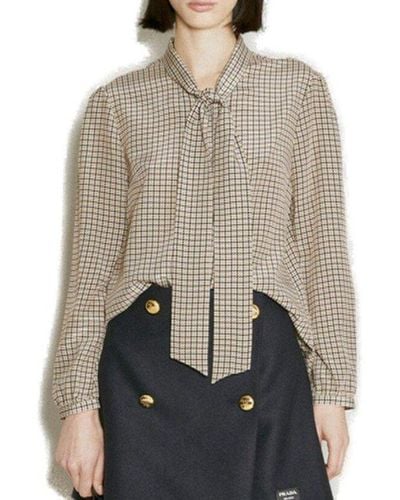 Prada Houndstooth-jacquard Pussy-bow Detailed Blouse - Gray