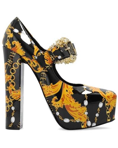 Versace Baroque Print Buckled Platform Court Shoes - Metallic