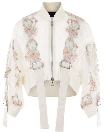 Simone Rocha Floral-embroidered Semi-sheer Zipped Bomber Jacket - White