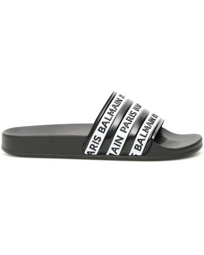 Balmain Black And White Calypso Logo Rubber Slides