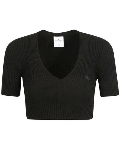 Courreges V-neck Cropped Knitted Top - Black