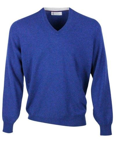 Brunello Cucinelli 100% Fine Cashmere V-Neck Sweater With Contrasting Profile - Blue