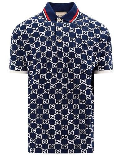 Gucci Monogram-pattern Striped-trim Cotton Polo Shirt - Gray