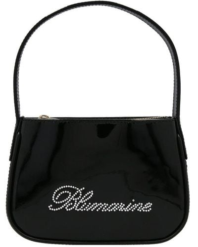 Blumarine Logo Rhinestone Embellished Patent Shoulder Bag - Black