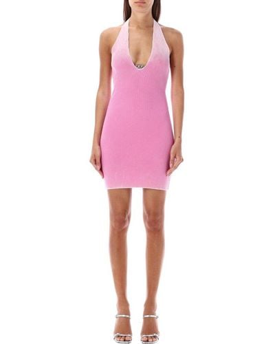 DIESEL Halterneck Ribbed Knit Mini Dress - Pink