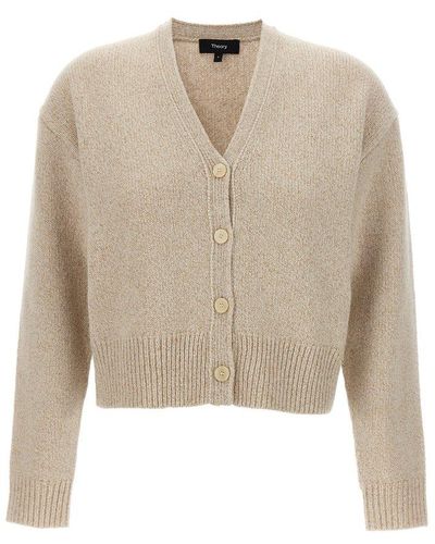 Theory V-neck Buttoned Cropped Cardigan - Natural