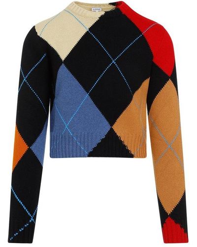 Loewe Argyle Cropped Knit Sweater - Black