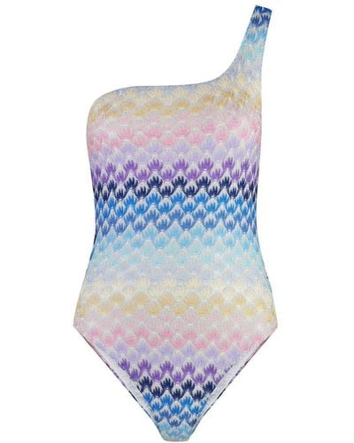 Missoni Knitted-overlay One-shoulder Asymmetric Swimsuit - Blue
