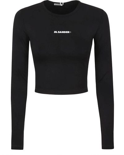 Jil Sander Crew Neck Long Sleeve Crop Top With Printed Logo - Black