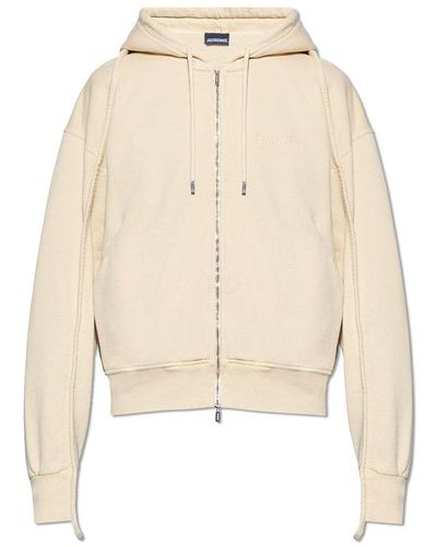 Jacquemus 'Camargue Warped Logo Zipped Hoodie, Long Sleeves, Light, 100% Cotton, Size: Small - Natural