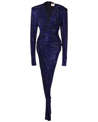 Alexandre Vauthier Embellished V-neck Ruched Gown - Blue