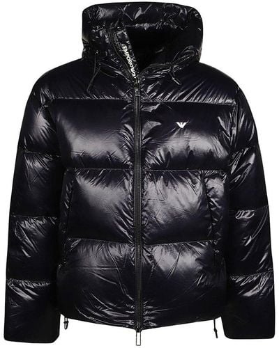 Emporio Armani Logo-embroidered Zipped Hooded Puffer Jacket - Black