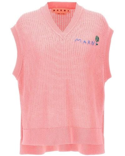 Marni V-neck Logo Embroidered Vest - Pink