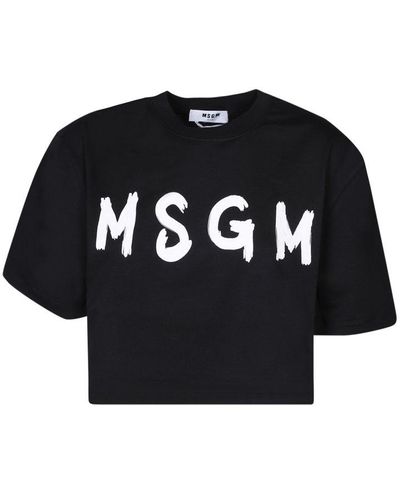MSGM Logo Printed Crewneck Cropped T-shirt - Black