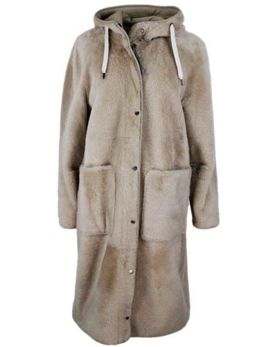 Brunello Cucinelli Reversible Coat In Soft Shearling With Hood - Natural