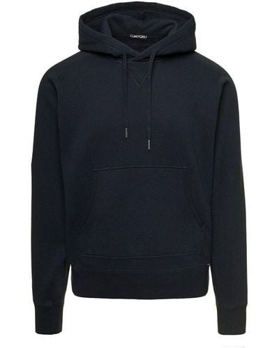 Tom Ford Black Hoodie With Kangaroo Pocket In Cotton Jersey - Blue