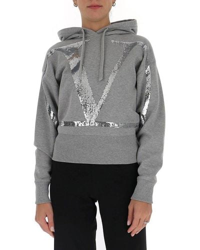 Valentino Vlogo Sequinned Cropped Hoodie - Gray