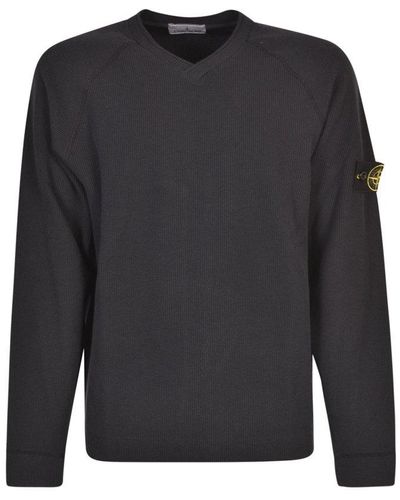 Stone Island Compass-patch V-neck Knitted Sweater - Grey