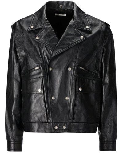Saint Laurent Crinkled-effect Biker Leather Jacket - Black